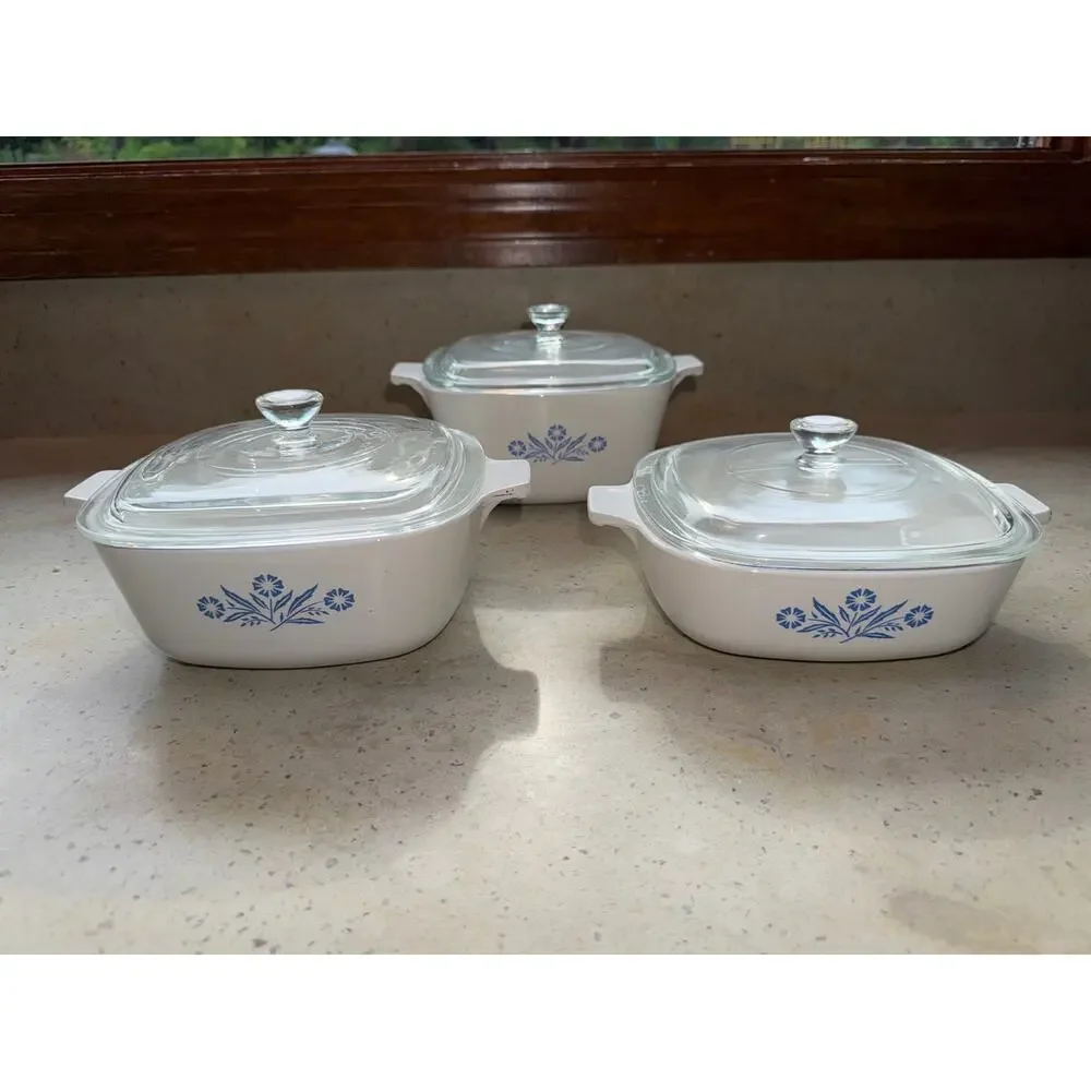 Vintage CorningWare Blue Cornflower Petite Casserole Set W/ Pyrex Lids